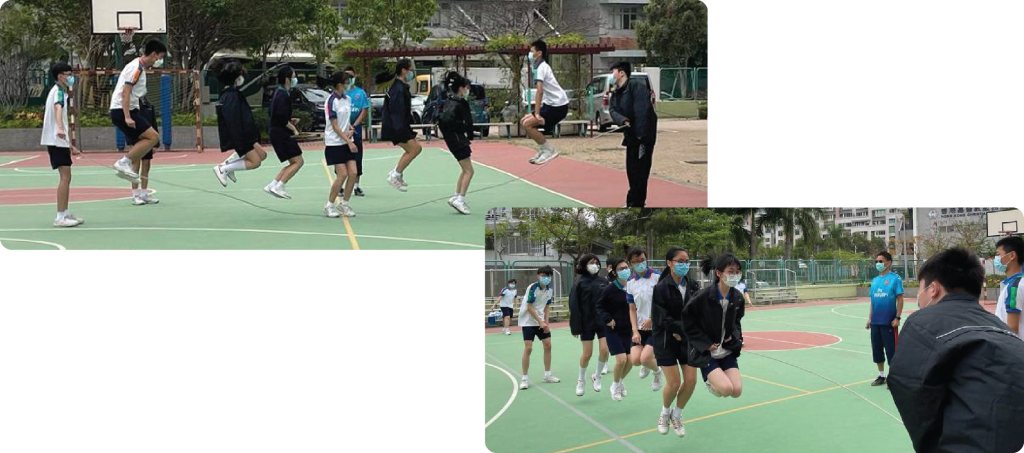 Students skipping in unison on the school court during the inter-class jump rope competition, watched by their class teachers.